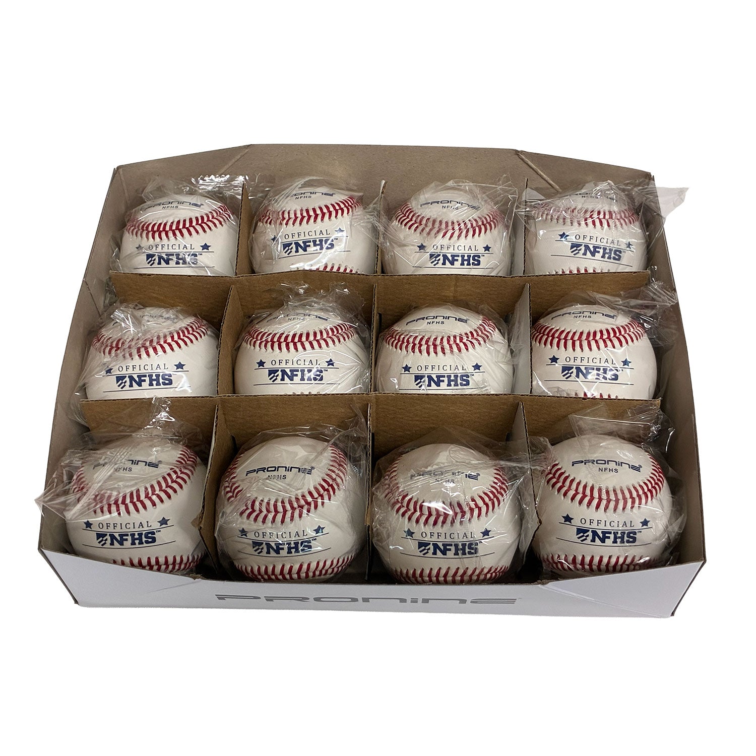A cardboard display box containing 12 white baseballs, each wrapped individually in clear plastic and printed with 'OFFICIAL NFHS' in blue. The box is photographed on a clean white background.