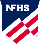 NFHS logo with white lettering on a dark blue upper section and red and white diagonal stripes below, shown on a white background.