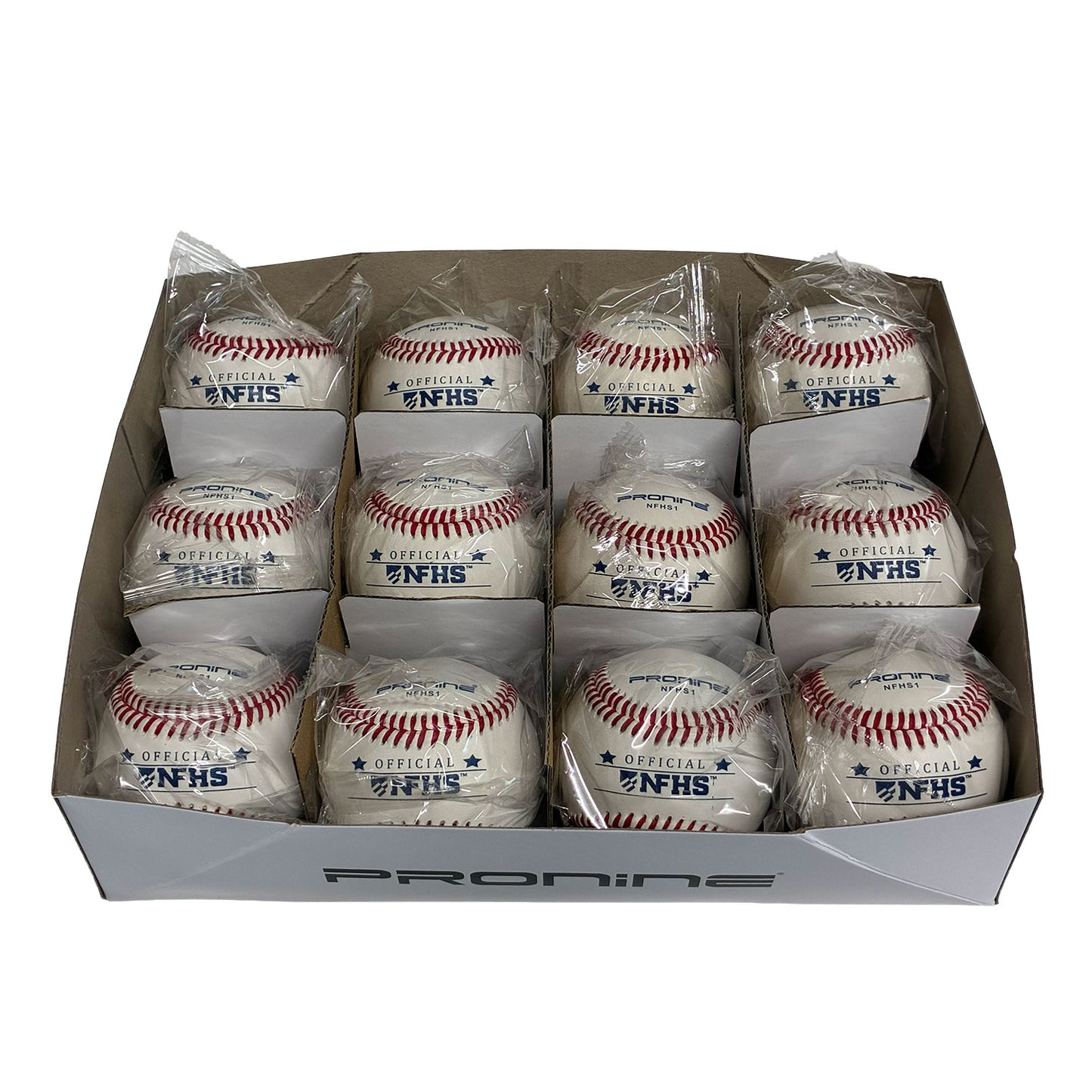 A box of 12 packaged baseballs arranged in a grid. Each baseball is wrapped in clear plastic and printed with 'OFFICIAL NFHS' in blue with red stitching.