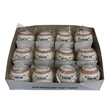 A box of 12 packaged baseballs arranged in a grid. Each baseball is wrapped in clear plastic and printed with 'OFFICIAL NFHS' in blue with red stitching.