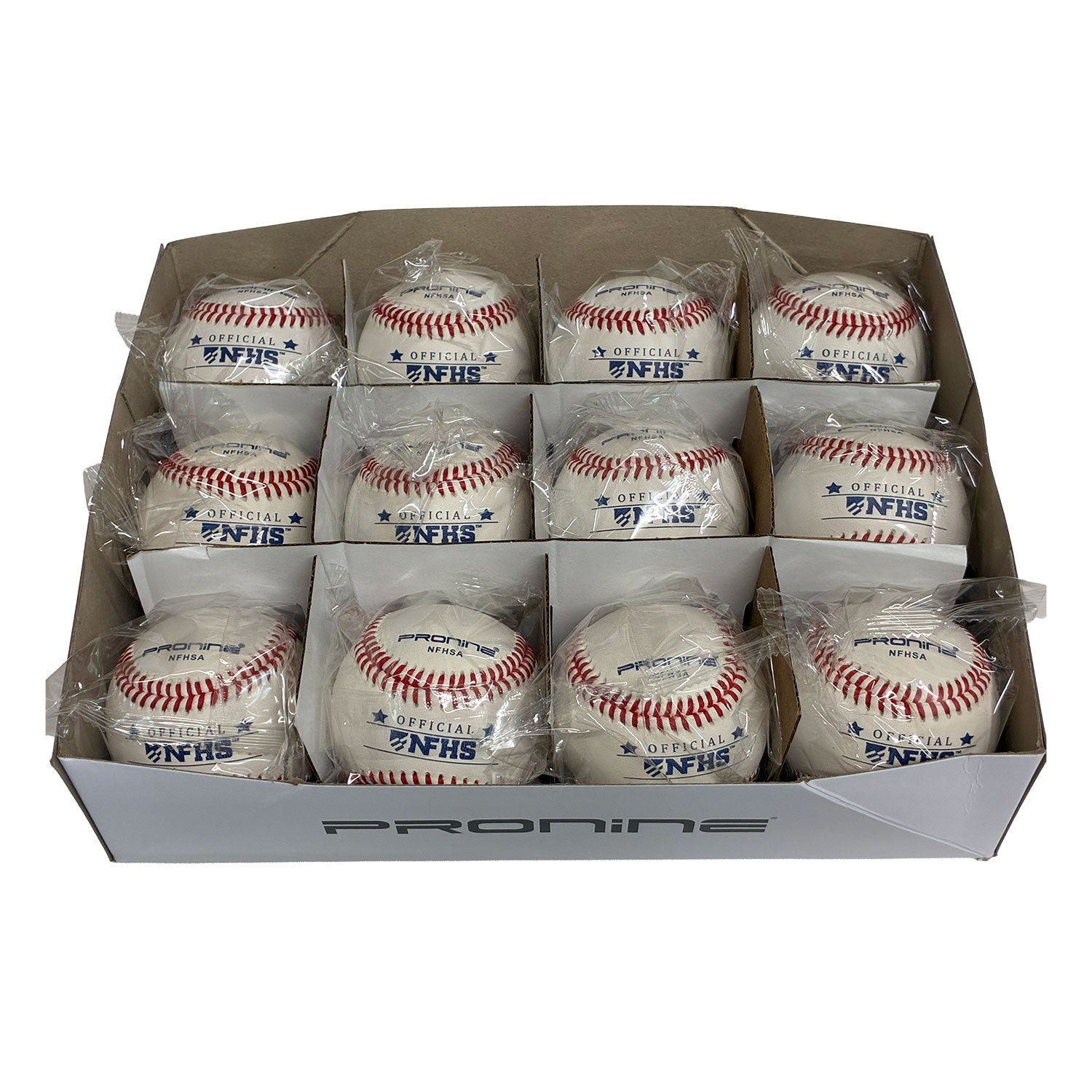 A box of 12 official NFHS baseballs, each individually wrapped in clear plastic and arranged in a grid inside a white cardboard display box. The baseballs are white with red stitching and feature blue 'OFFICIAL NFHS' and 'Pronine' logos.