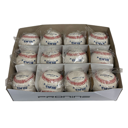 A box of 12 official NFHS baseballs, each individually wrapped in clear plastic and arranged in a grid inside a white cardboard display box. The baseballs are white with red stitching and feature blue 'OFFICIAL NFHS' and 'Pronine' logos.