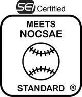 A black and white certification badge showing the SEI Certified logo at the top, text reading 'MEETS NOCSAE STANDARD' in the center, and a baseball icon below.