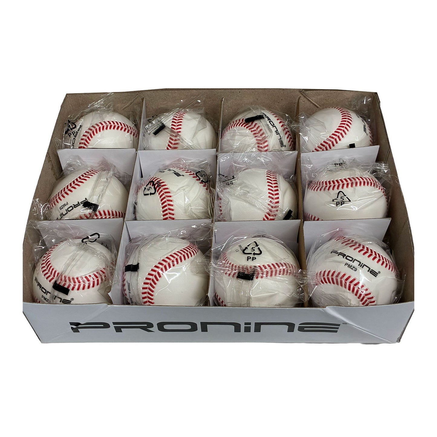 A box of Pronine brand baseballs, with 12 white baseballs individually wrapped in clear plastic and arranged in a cardboard tray. The brand name 'PRONINE' is printed on the front of the box and on some of the baseballs.