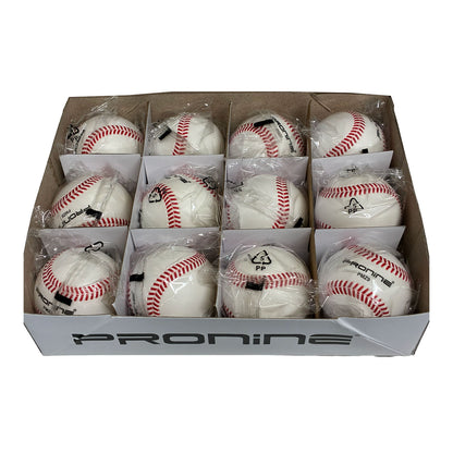 A box of Pronine brand baseballs, with 12 white baseballs individually wrapped in clear plastic and arranged in a cardboard tray. The brand name 'PRONINE' is printed on the front of the box and on some of the baseballs.