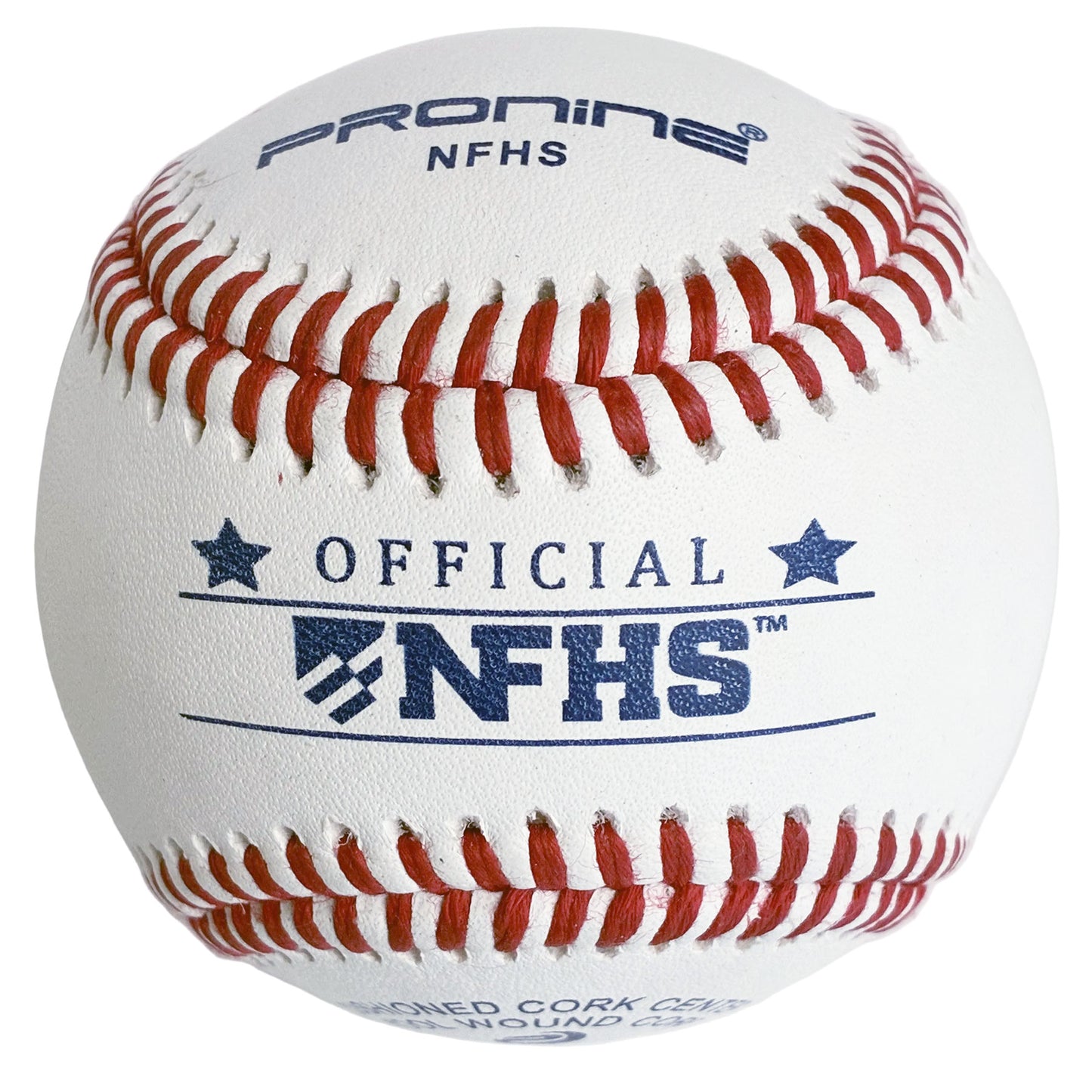 A white baseball with red stitching, featuring 'Pronine NFHS' and 'Official NFHS' printed in navy blue on the front, photographed on a light gray background.