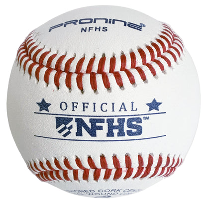 A white baseball with red stitching, featuring 'Pronine NFHS' and 'Official NFHS' printed in navy blue on the front, photographed on a light gray background.