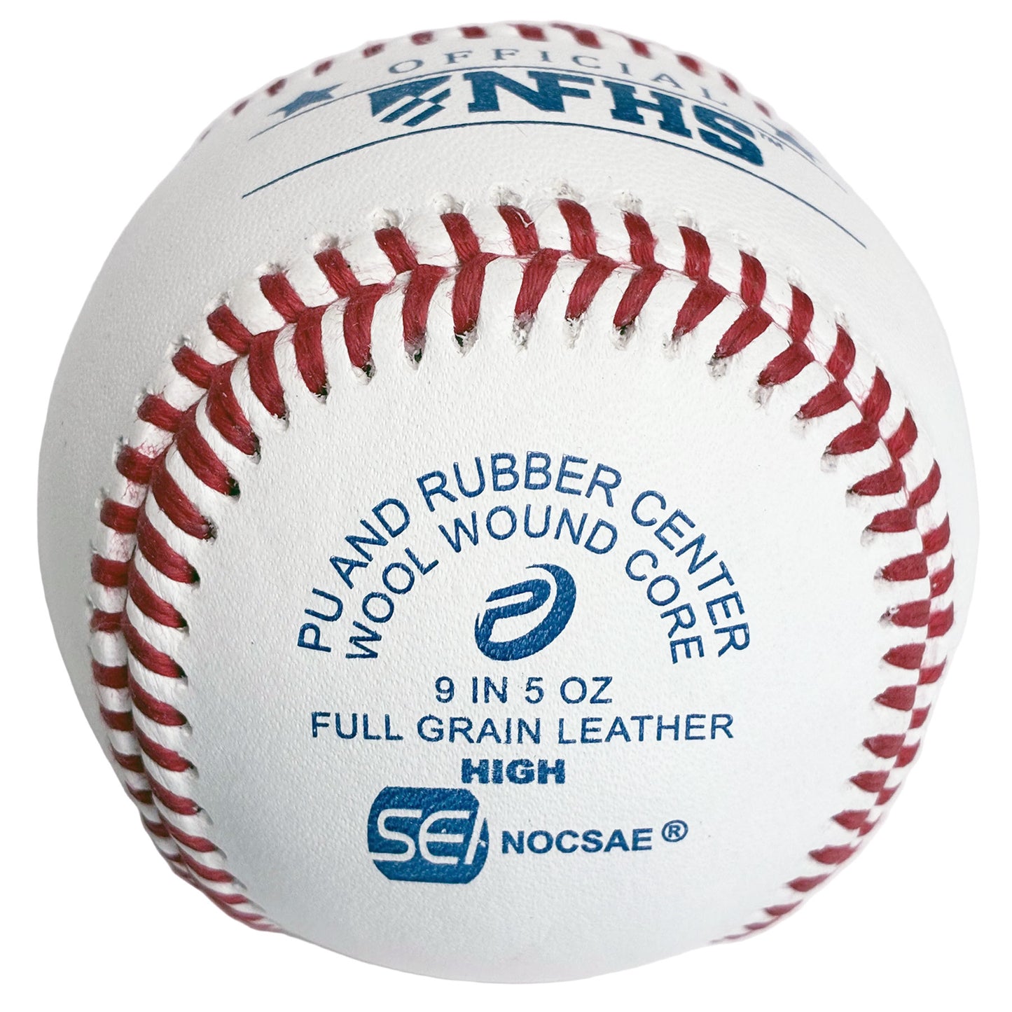 A white leather baseball with red stitching, featuring blue printed text and logos including 'NFHS' and 'SEI' on a light gray background.