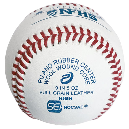 A white leather baseball with red stitching, featuring blue printed text and logos including 'NFHS' and 'SEI' on a light gray background.