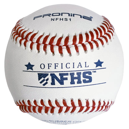 A white baseball with red stitching, featuring 'Pronine NFHS1' and 'Official NFHS' printed on the front, photographed against a neutral light gray background.