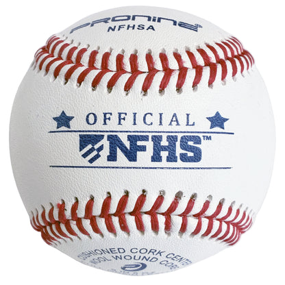 A white leather baseball with red stitching, featuring 'OFFICIAL NFHS' printed in blue on the front, photographed against a neutral light gray background.