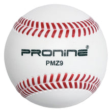 A white Pronine PMZ9 foam baseball with red stitching and black printed branding, shown on a neutral light gray background.