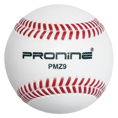 A white Pronine PMZ9 foam baseball with red stitching and black printed branding, shown on a neutral light gray background.