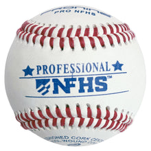 A white leather baseball with red stitching and blue printed text reading 'PROFESSIONAL NFHS' on a plain white background.