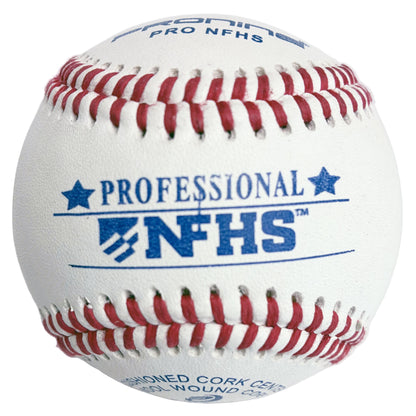 A white leather baseball with red stitching and blue printed text reading 'PROFESSIONAL NFHS' on a plain white background.