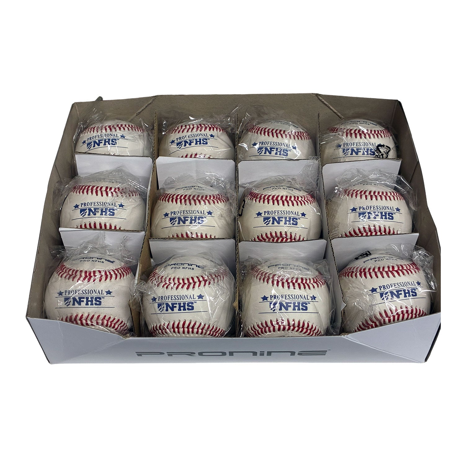 A box of 12 Proline brand NFHS baseballs, each individually wrapped in clear plastic and displayed in a white cardboard tray.