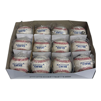 A box of 12 Proline brand NFHS baseballs, each individually wrapped in clear plastic and displayed in a white cardboard tray.