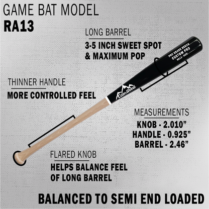 Diagram of the CamWood RA13 game bat labeling the long barrel, thinner handle, flared knob and measurements