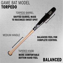 Diagram of the CamWood Torpedo game bat labeling the torpedo barrel, medium handle and tapered knob