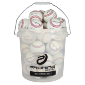 A clear ProNine wet weather bucket with a sealed lid shown packed with white baseballs.