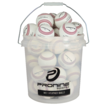 A clear ProNine wet weather bucket with a sealed lid shown packed with white baseballs.
