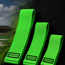Three green AceBandz fabric resistance bands standing side by side in 8, 6 and 4 foot lengths