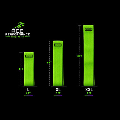 Size chart showing AceBandz L 4 ft, XL 6 ft and XXL 8 ft fabric resistance bands