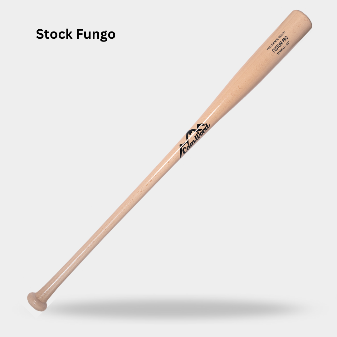 CamWood Stock Fungo bat in natural wood on a light gray background