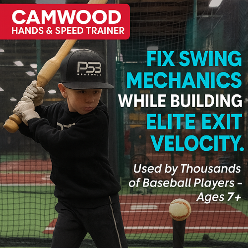 Young hitter swinging a CamWood Hands and Speed Trainer off a tee under a Fix Swing Mechanics headline
