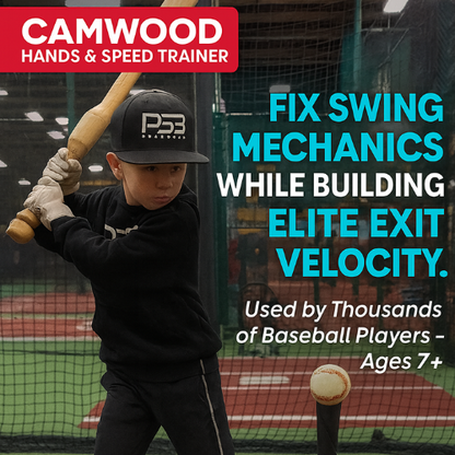 Young hitter swinging a CamWood Hands and Speed Trainer off a tee under a Fix Swing Mechanics headline
