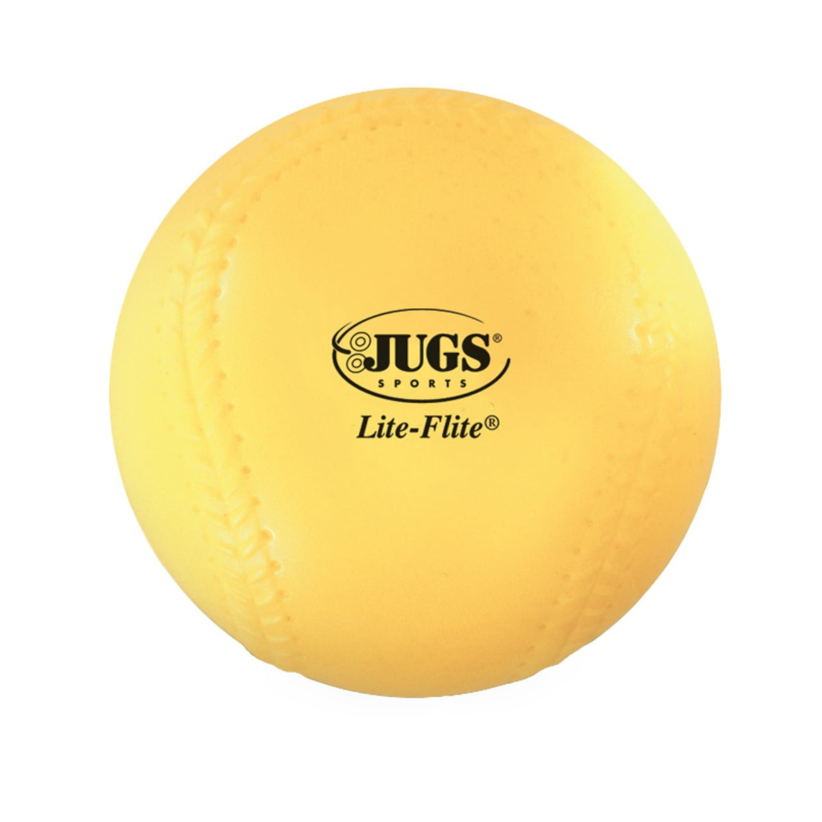 A yellow JUGS Lite-Flite foam baseball with molded seams, photographed on a white background.