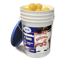 A bucket of yellow JUGS Lite-Flite baseballs with its blue lid, photographed on a white background.
