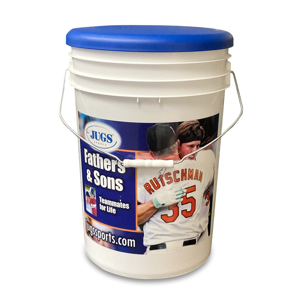 The JUGS ball bucket with its blue seat lid, photographed on a white background.