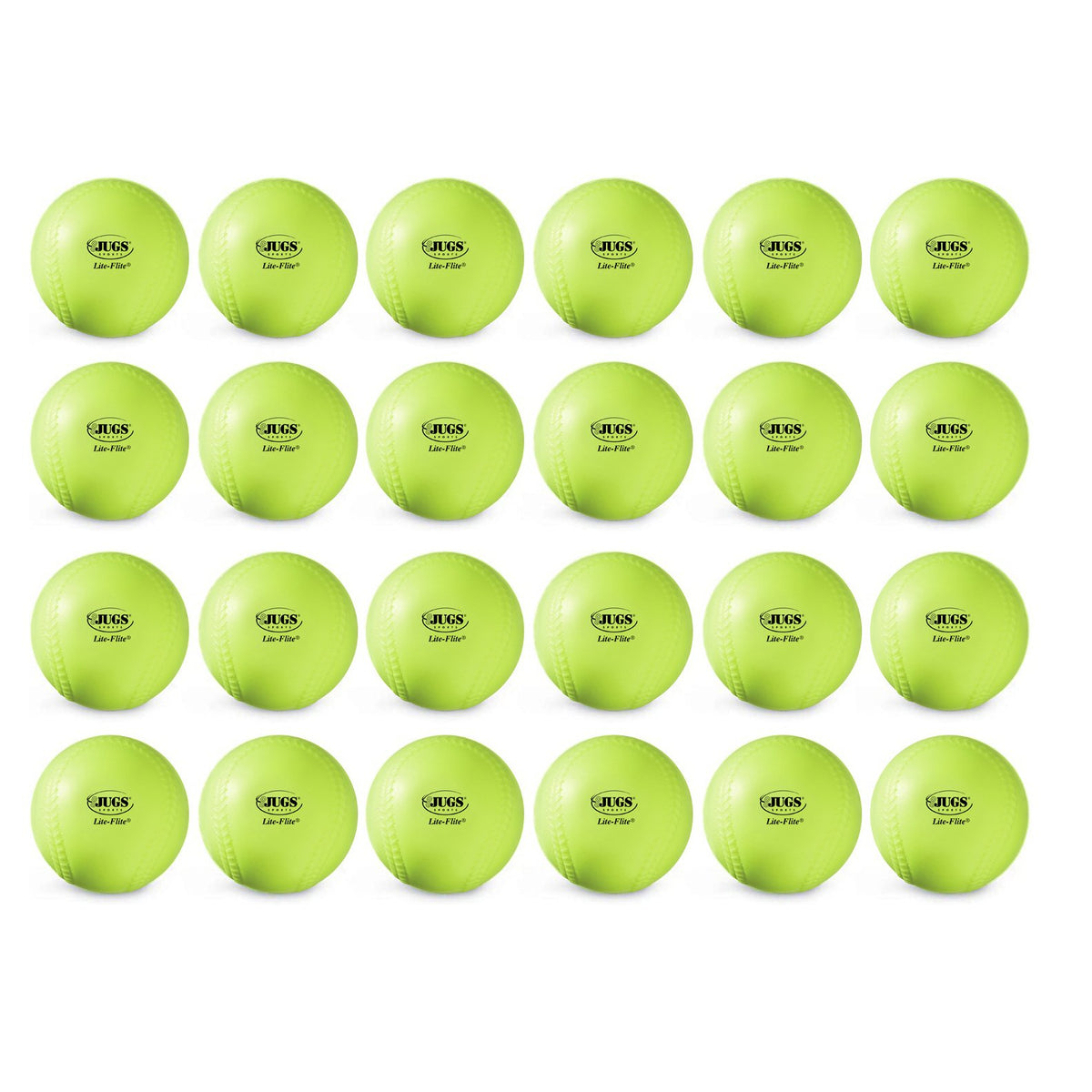 Two dozen yellow JUGS Lite-Flite softballs, photographed on a white background.