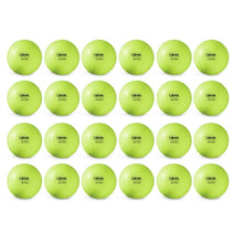 Two dozen yellow JUGS Lite-Flite softballs, photographed on a white background.