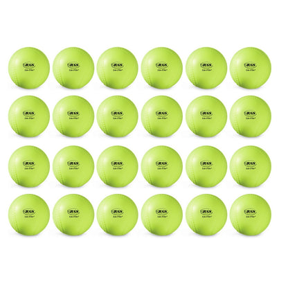Two dozen yellow JUGS Lite-Flite softballs, photographed on a white background.