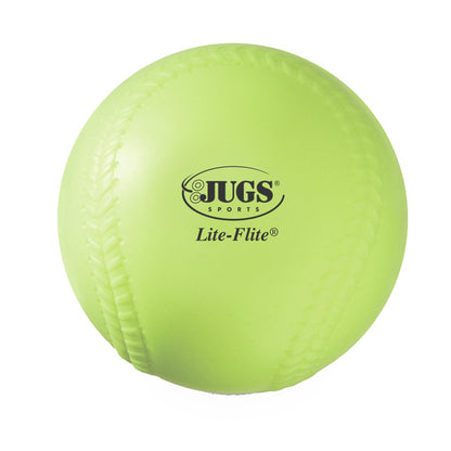 A yellow JUGS Lite-Flite foam softball, photographed on a white background.
