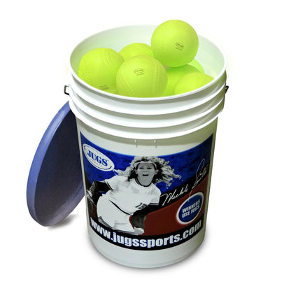 A bucket of yellow JUGS Lite-Flite softballs with its lid, photographed on a white background.