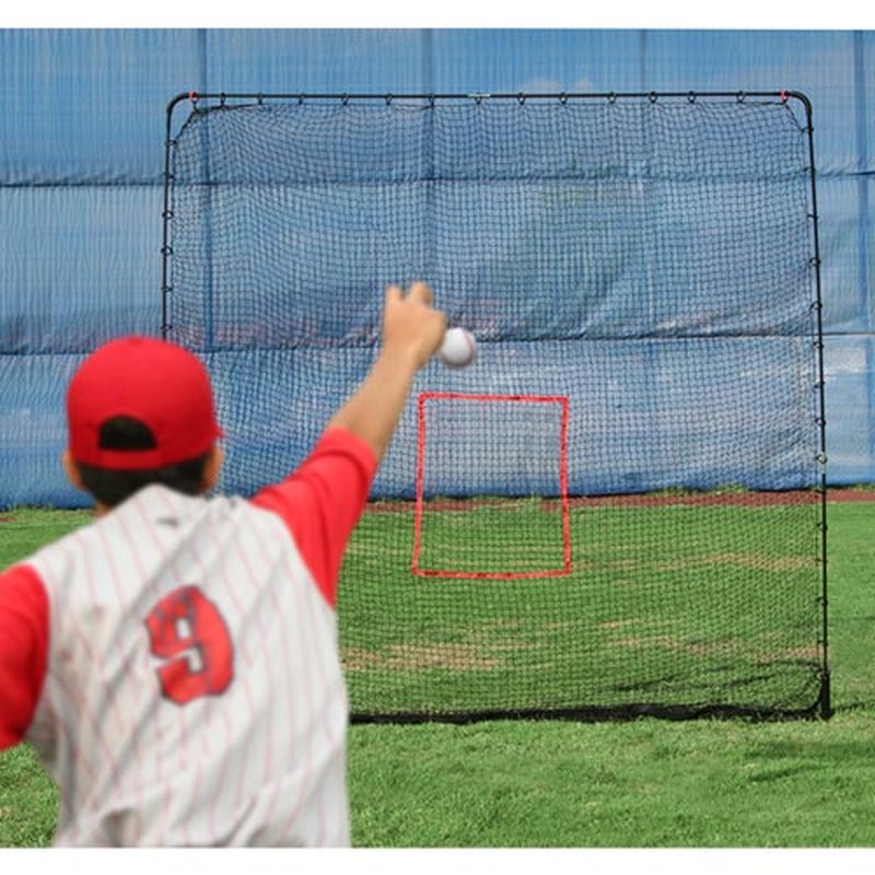 A player in a number 9 jersey throws a ball toward a square black Big Play net with a red strike zone target, seen from behind.