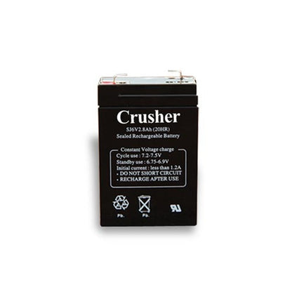 A black rechargeable Crusher battery with white label text, on a white background.
