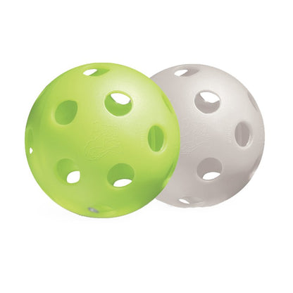 A yellow and a white JUGS Bulldog polyball baseball with uniform holes, photographed on a white background.