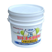 A white bucket of JUGS Bulldog polyballs with lid, photographed on a white background.