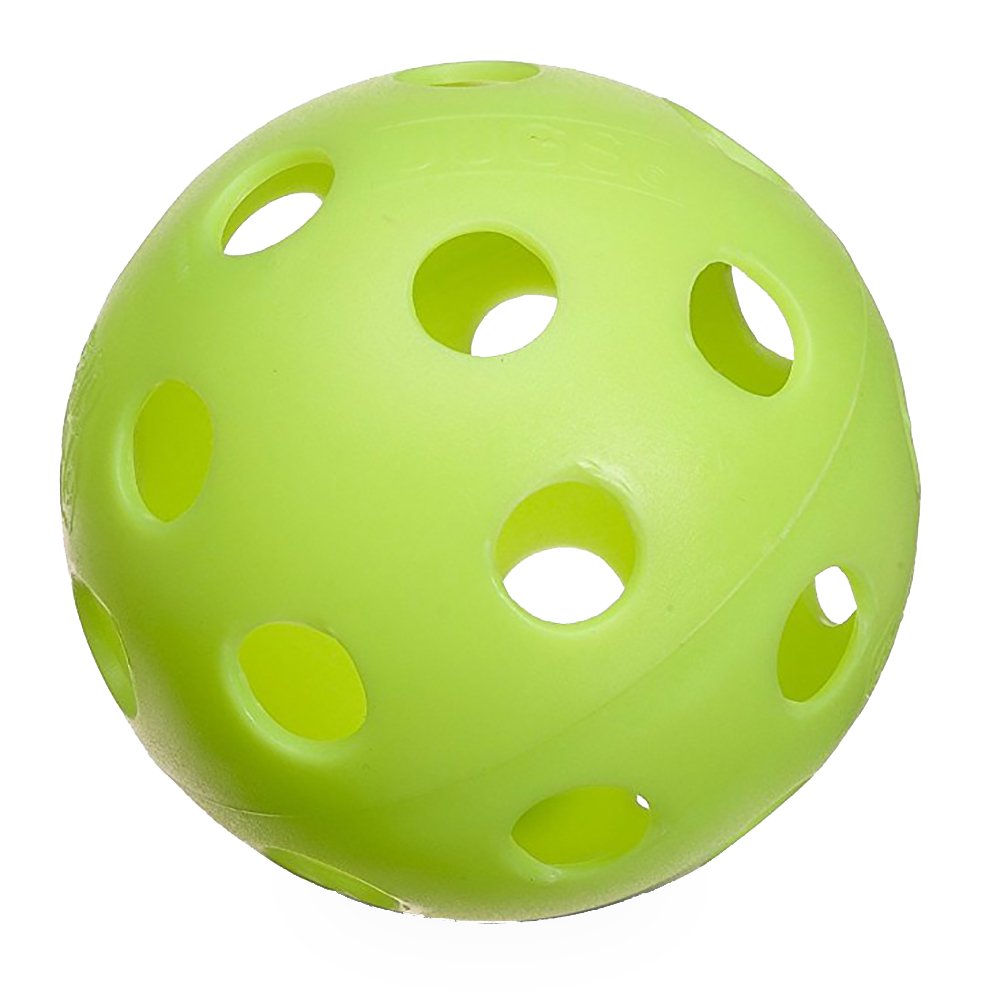 A yellow JUGS Bulldog polyball softball with uniform holes, photographed on a white background.