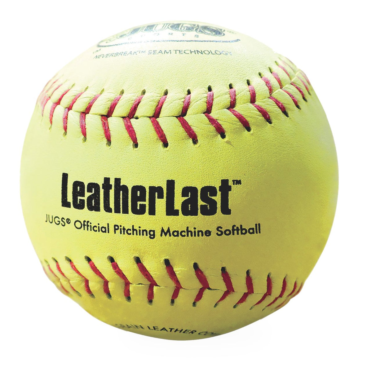 A yellow JUGS LeatherLast pitching machine softball, photographed on a white background.