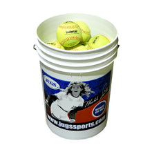 A bucket of yellow JUGS LeatherLast pitching machine softballs, photographed on a white background.