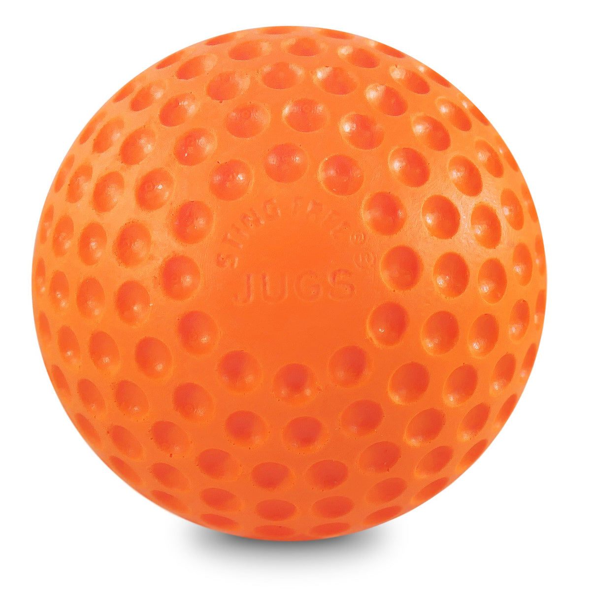 An orange JUGS low impact multi-use dimpled practice baseball, photographed on a white background.