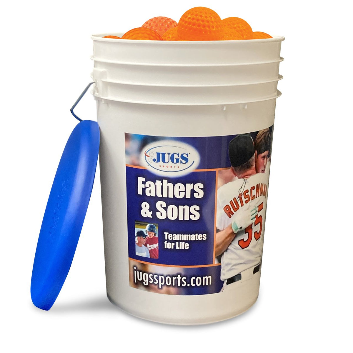 A bucket of orange JUGS low impact multi-use practice baseballs with its blue lid, photographed on a white background.