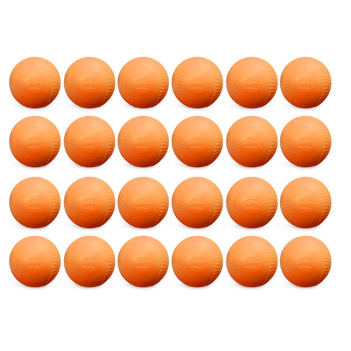 Two dozen orange JUGS low impact multi-use practice softballs, photographed on a white background.