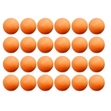 Two dozen orange JUGS low impact multi-use practice softballs, photographed on a white background.
