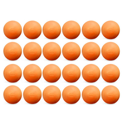 Two dozen orange JUGS low impact multi-use practice softballs, photographed on a white background.